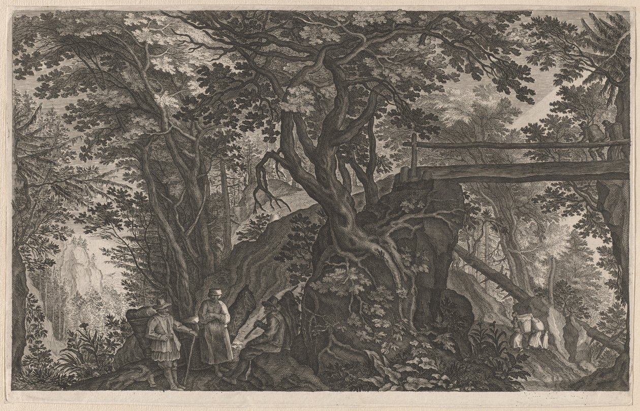 Podróżni odpoczywający w górskim lesie przy moście z bali autorstwa Aegidius Sadeler II after Pieter Stevens