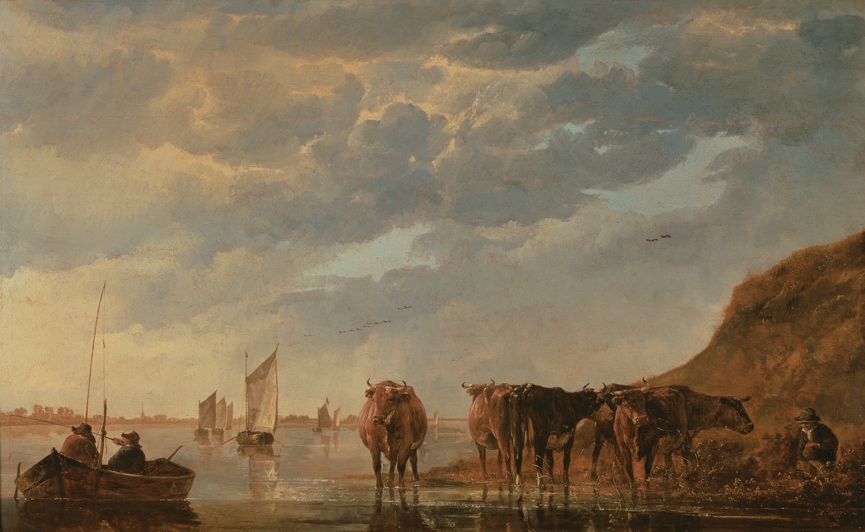 Pasterz z pięcioma krowami nad rzeką, ok.1650 (panel) autorstwa Aelbert Cuyp