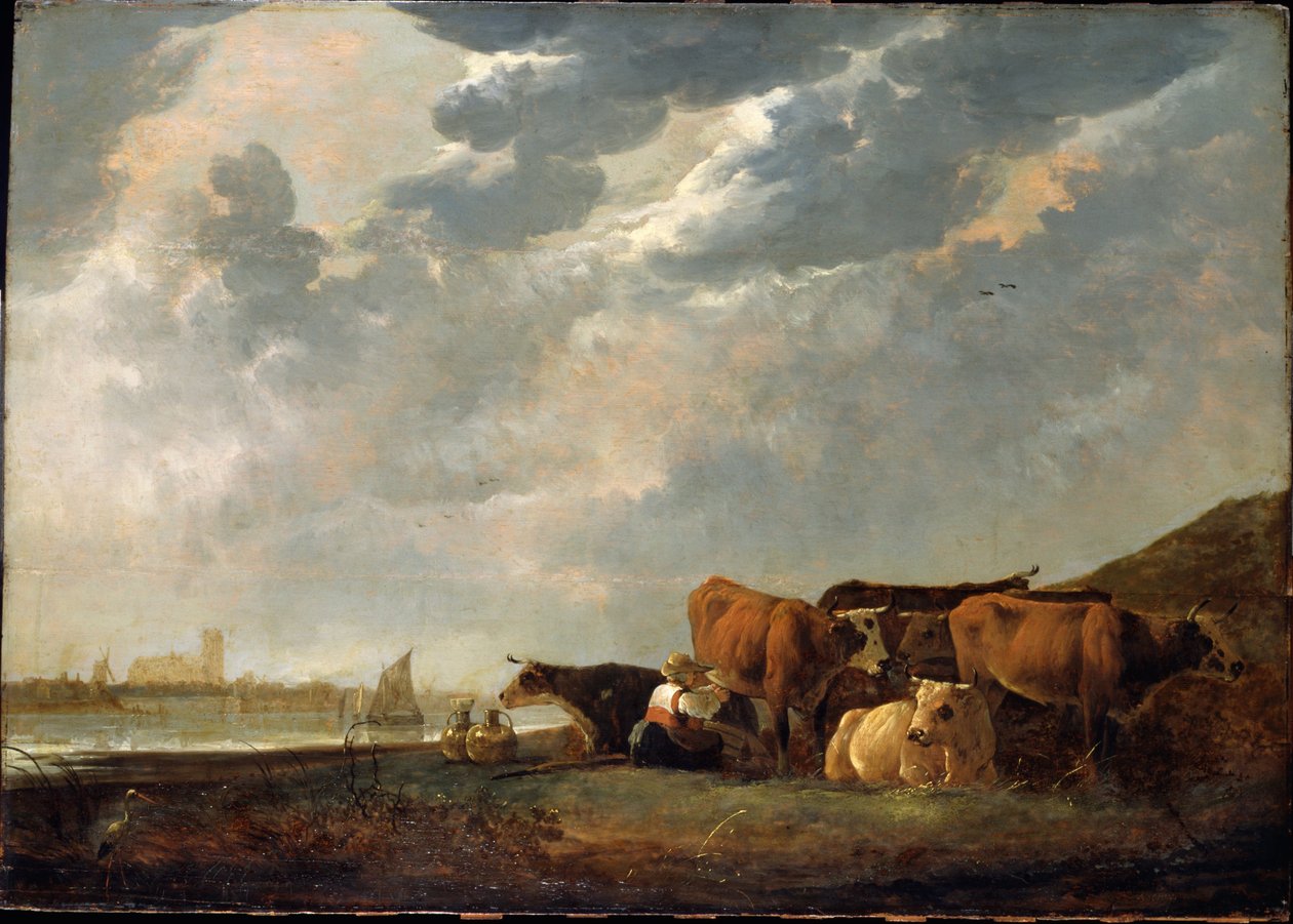 Bydło w pobliżu Maas, z Dordrecht w oddali autorstwa Aelbert Cuyp