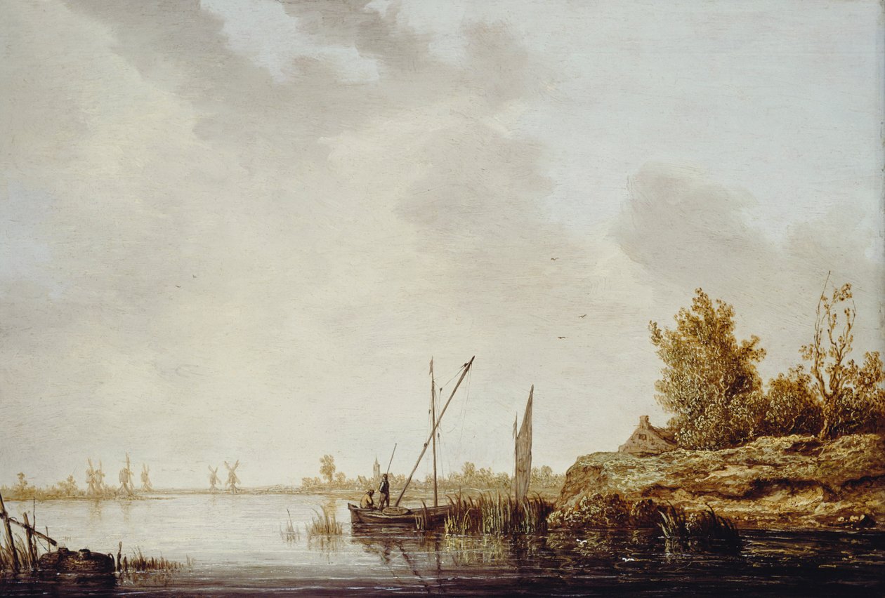 Scena rzeczna z odległymi wiatrakami, ok. 1640-42 autorstwa Aelbert Cuyp