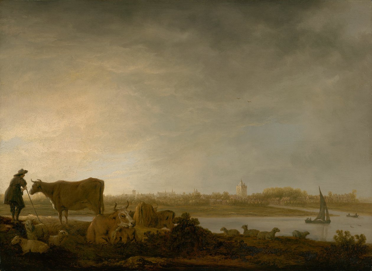 Widok Vianen z pasterzem i bydłem nad rzeką autorstwa Aelbert Cuyp