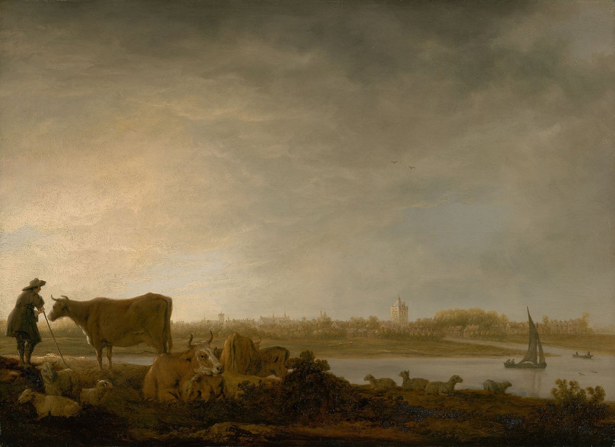 Widok Vianen z pasterzem i bydłem nad rzeką, ok. 1643-45 (olej na płycie) autorstwa Aelbert Cuyp