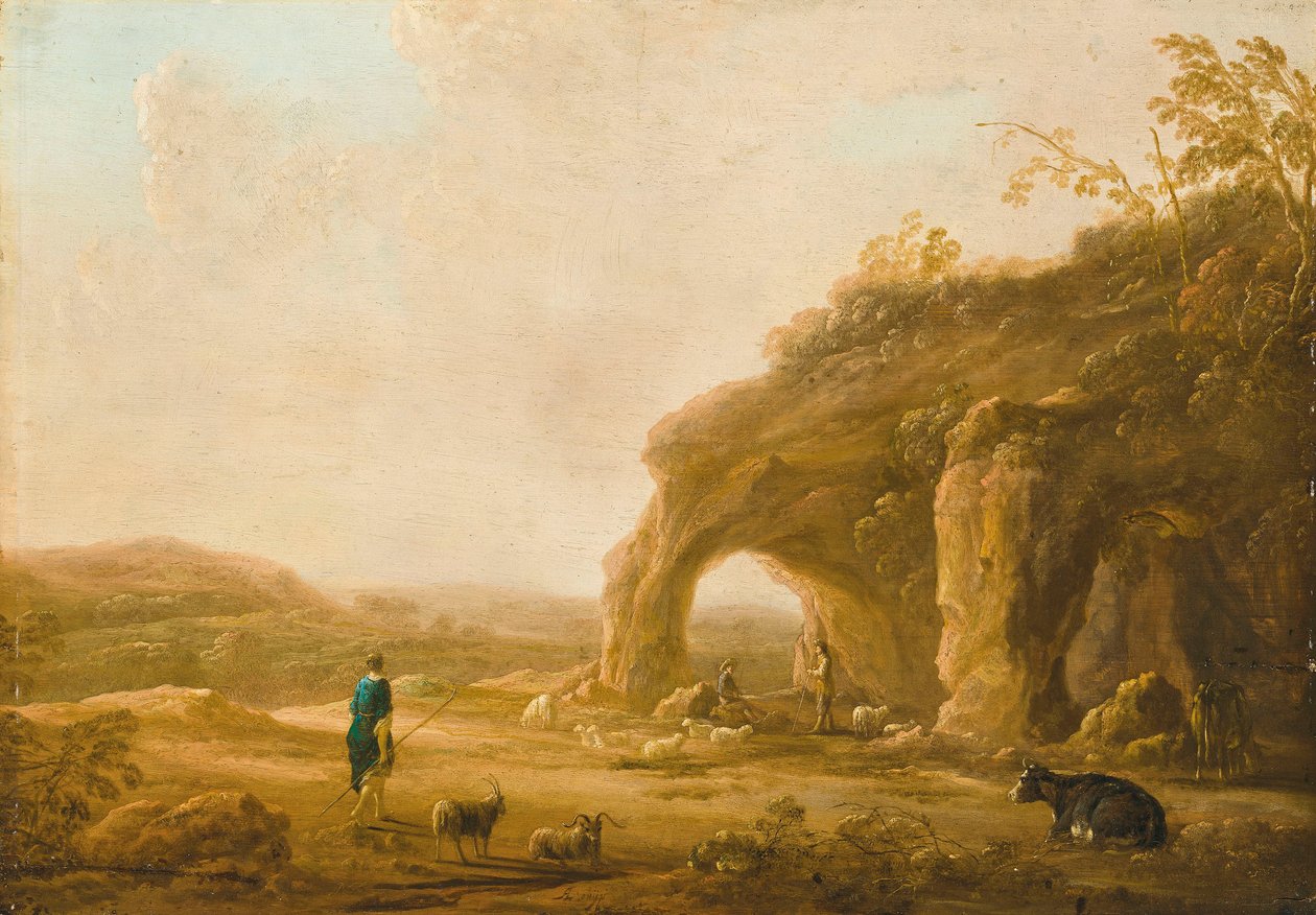 Włoski pejzaż z pasterzami przy grocie autorstwa Aelbert Cuyp
