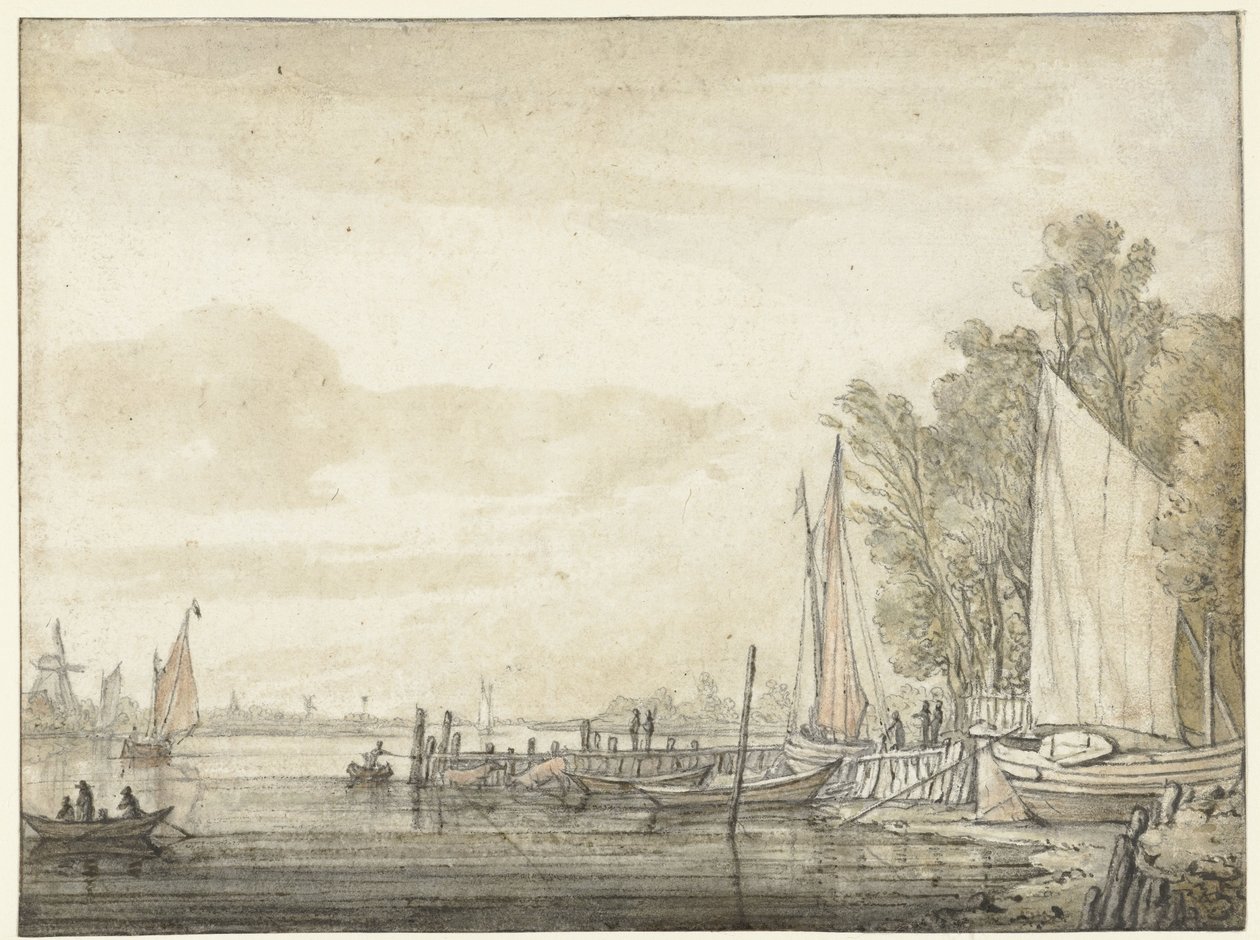 Łodzie na molo w rzece autorstwa Aelbert Cuyp
