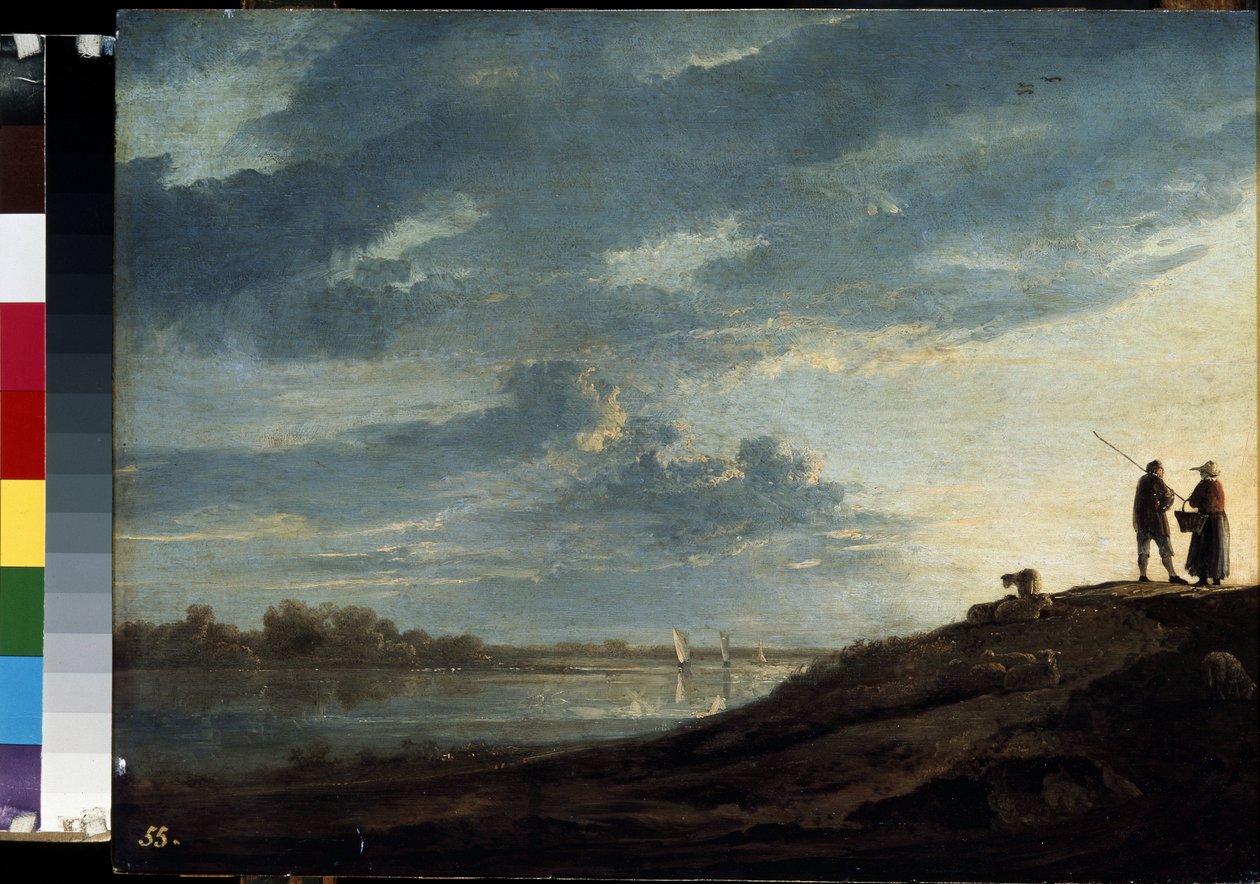 ""Zachód słońca nad rzeką"" (Zachód słońca nad rzeką) Obraz Alberta (Aelberta lub Aelbrechta) Cuypa (1620-1691) 1650 w przybliżeniu wym. 38,5x53 cm Ermitaż, Sankt Petersburg autorstwa Aelbert Cuyp