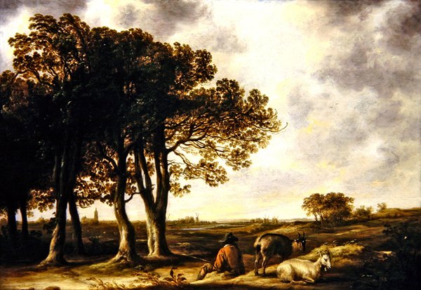 Pasterz w krajobrazie, daleki widok Amsterdamu (olej na panelu) autorstwa Aelbert Cuyp