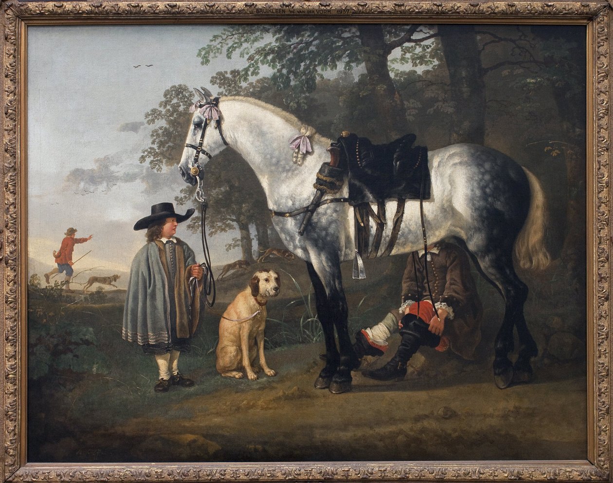 Szary koń w krajobrazie. Obraz Alberta (Aelberta lub Aelbrechta) Cuypa (1620-1691), olej na płótnie, ok. 1650 r. Sztuka holenderska autorstwa Aelbert Cuyp
