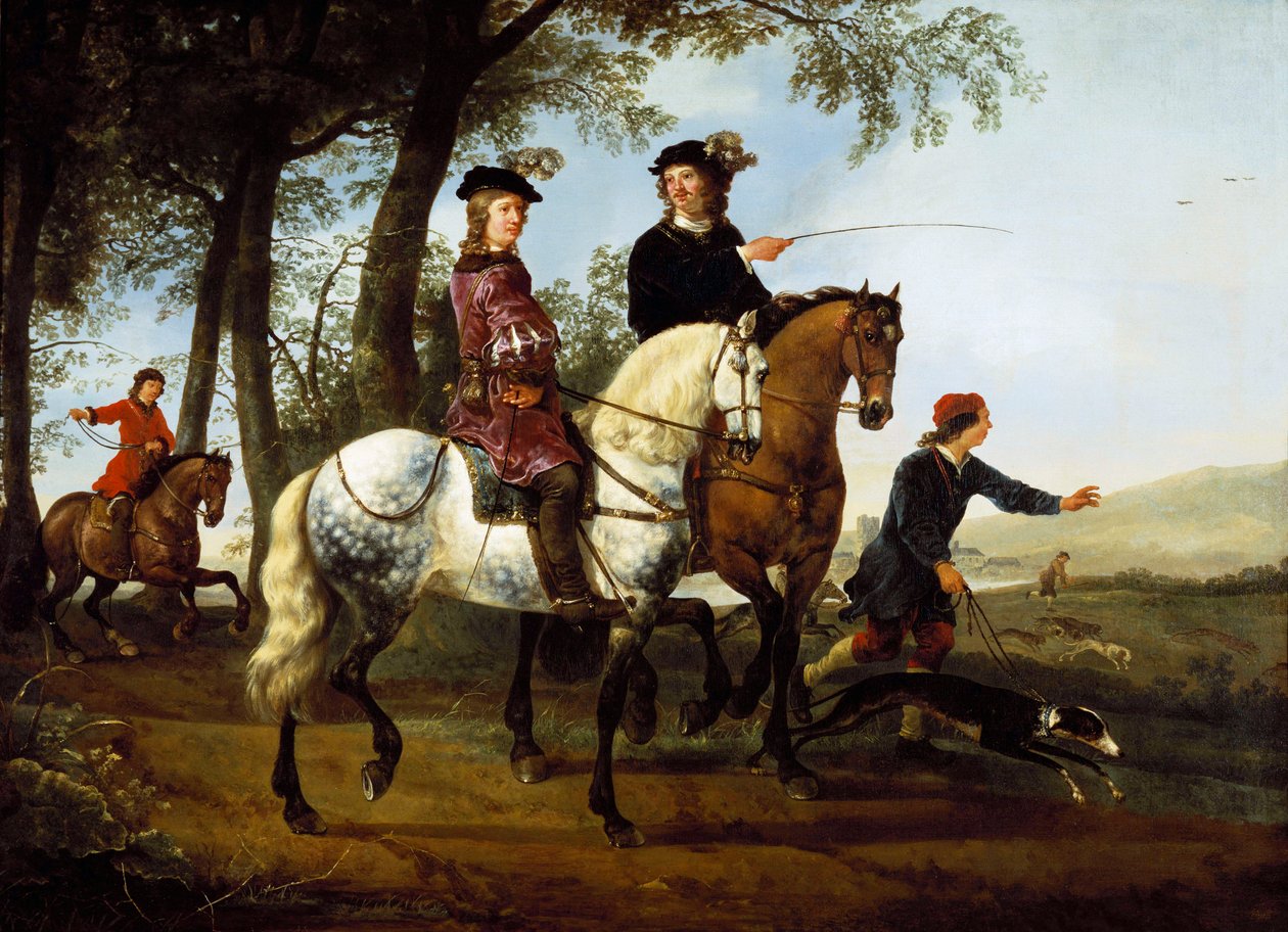 Krajobraz ze sportowcami wyruszającymi na polowanie, początek lat 50. XVII wieku autorstwa Aelbert Cuyp