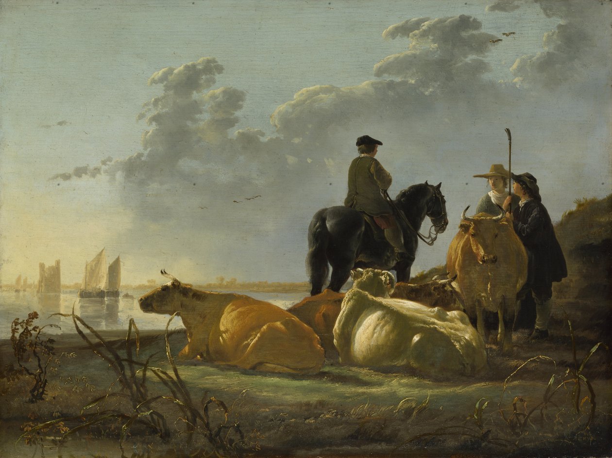 Chłopi i bydło nad rzeką Merwede autorstwa Aelbert Cuyp