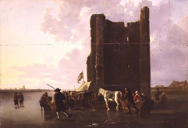 Mieszczanie z saniami na zamarzniętej Maasie przy Huis te Merwede autorstwa Aelbert Cuyp