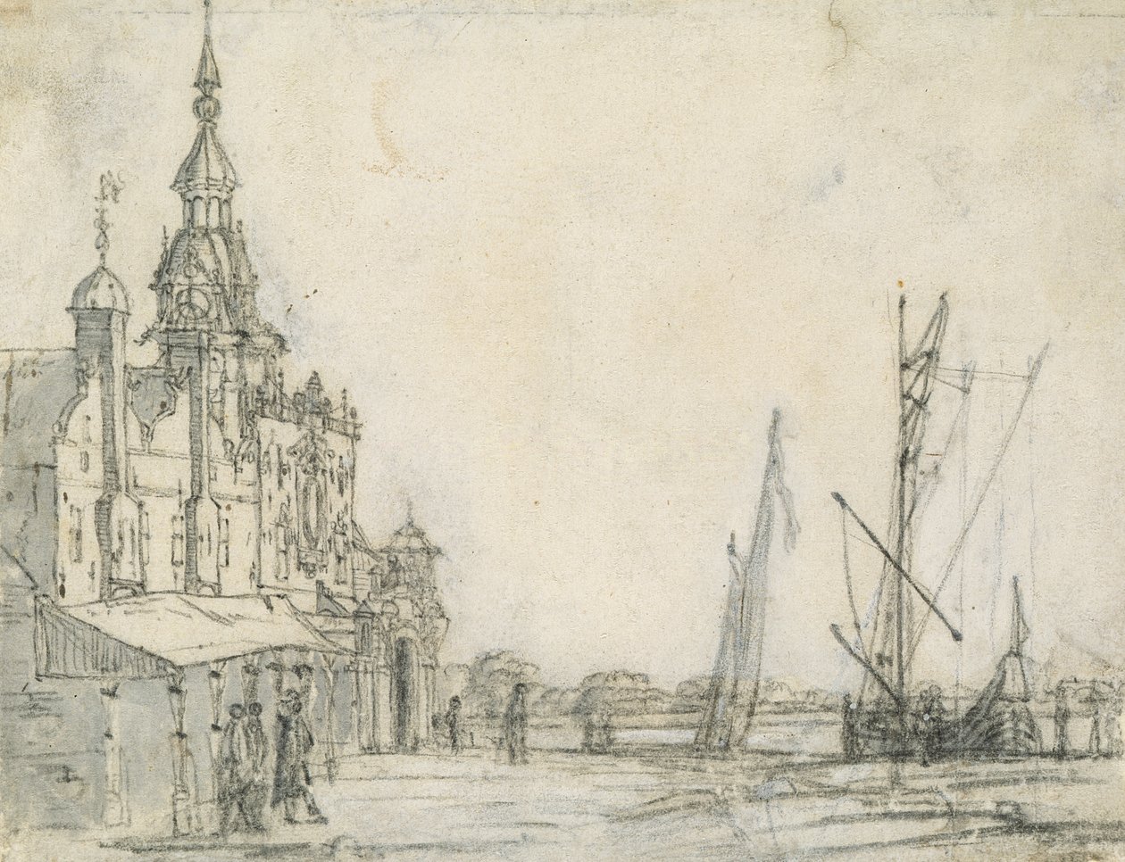 Widok Groothoofdspoort od płn-wsch, Dordrecht, 1618 (kreda na papierze) autorstwa Aelbert Cuyp