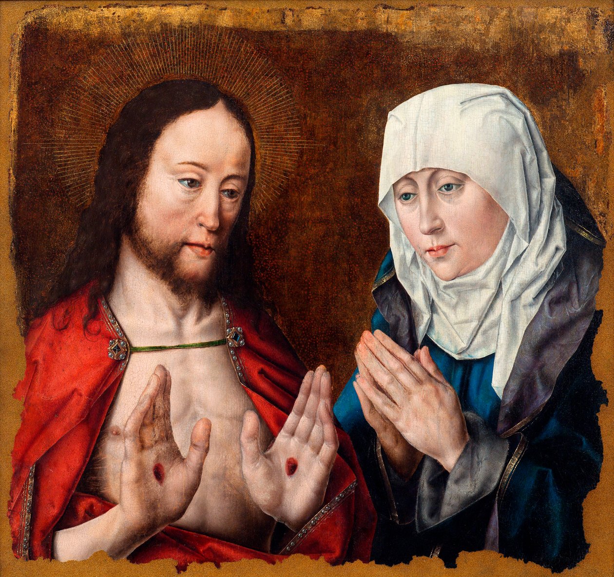 Chrystus ukazujący matce rany gwoździowe na dłoniach, ok. godz. 1490. autorstwa Aelbrecht Bouts