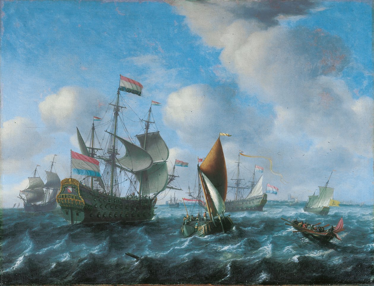 Wojenny, prawdopodobnie Het Wapen van Utrecht, szeroki statek i rufowy slup na silnym wietrze, 1671 autorstwa Aernout Smit