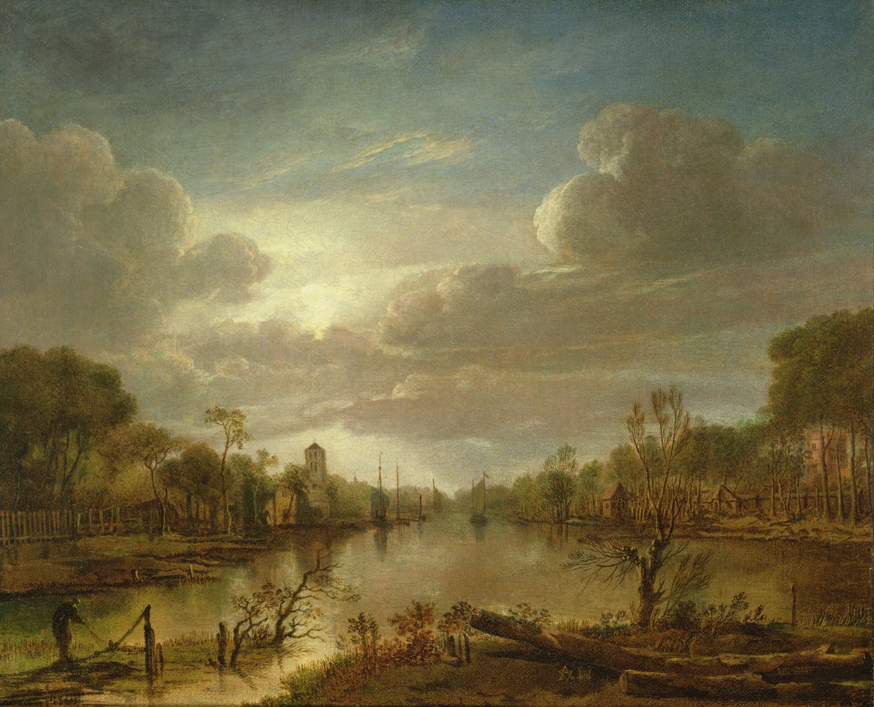 Pejzaż rzeczny przy świetle księżyca, XVII w. autorstwa Aert van der Neer