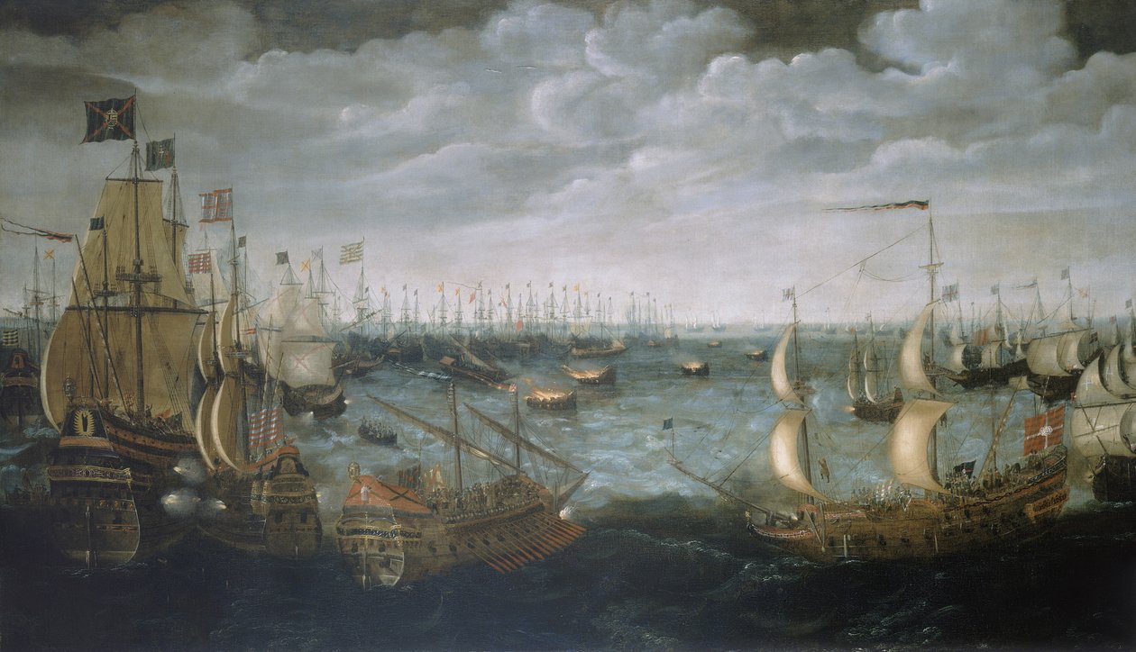 Wodowanie okrętów wojennych przeciwko hiszpańskiej armadzie, 7 sierpnia 1588, ok. 1590 (olej na płótnie) autorstwa Aert Anthonisz