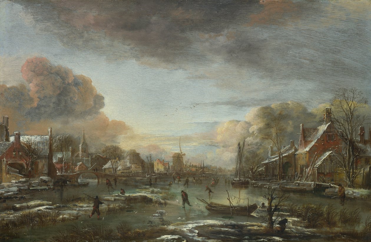 Zamarznięta rzeka nad miastem wieczorem, ok. 1665 autorstwa Aert van der Neer