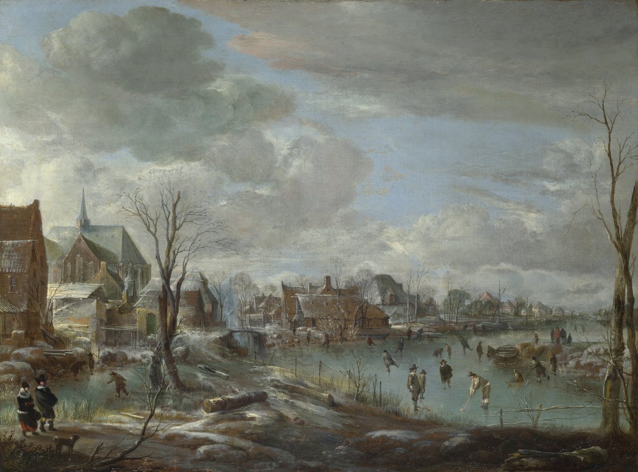 Zamarznięta rzeka w pobliżu wioski, z golfistami i łyżwiarzami, ok. godz. 1647-1648 autorstwa Aert van der Neer