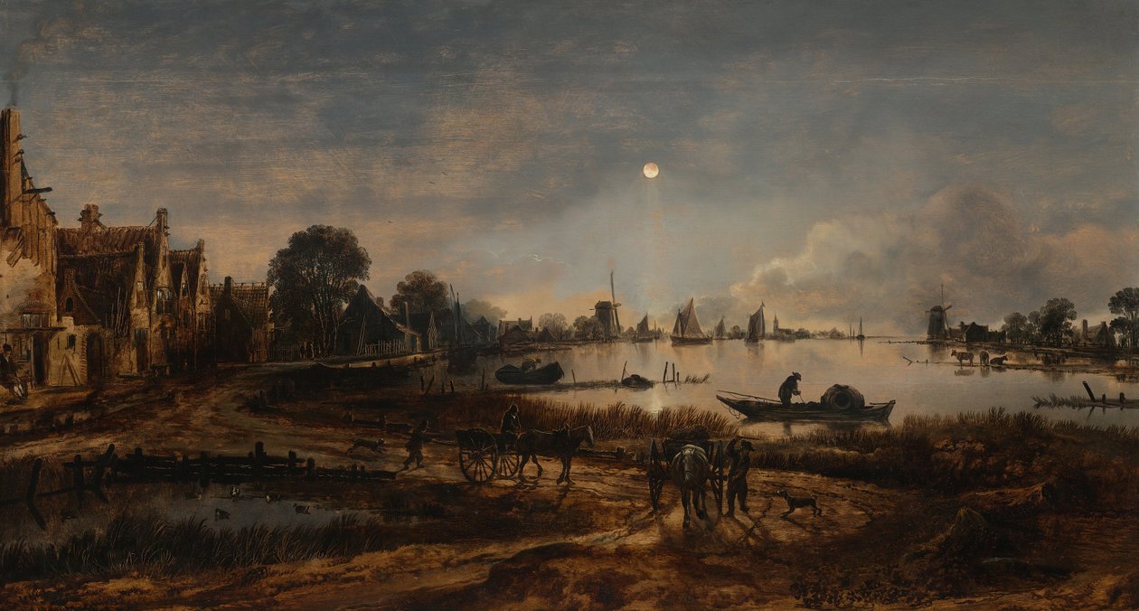 Widok na rzekę przy świetle księżyca 1645 autorstwa Aert van der Neer