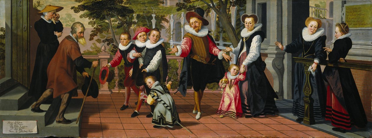 Bogate dzieci, biedni rodzice, 1599 autorstwa Aert Pietersz.