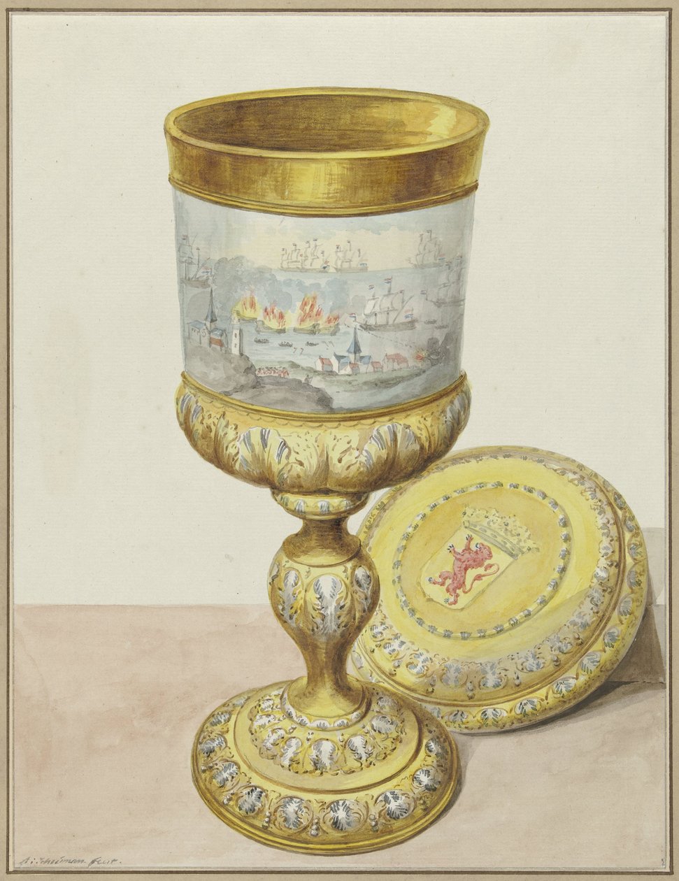 Złoty puchar z pokrywką, podarowany Cornelisowi de Witt z okazji Podróży do Chatham, 1667 autorstwa Aert Schouman (signed by artist)