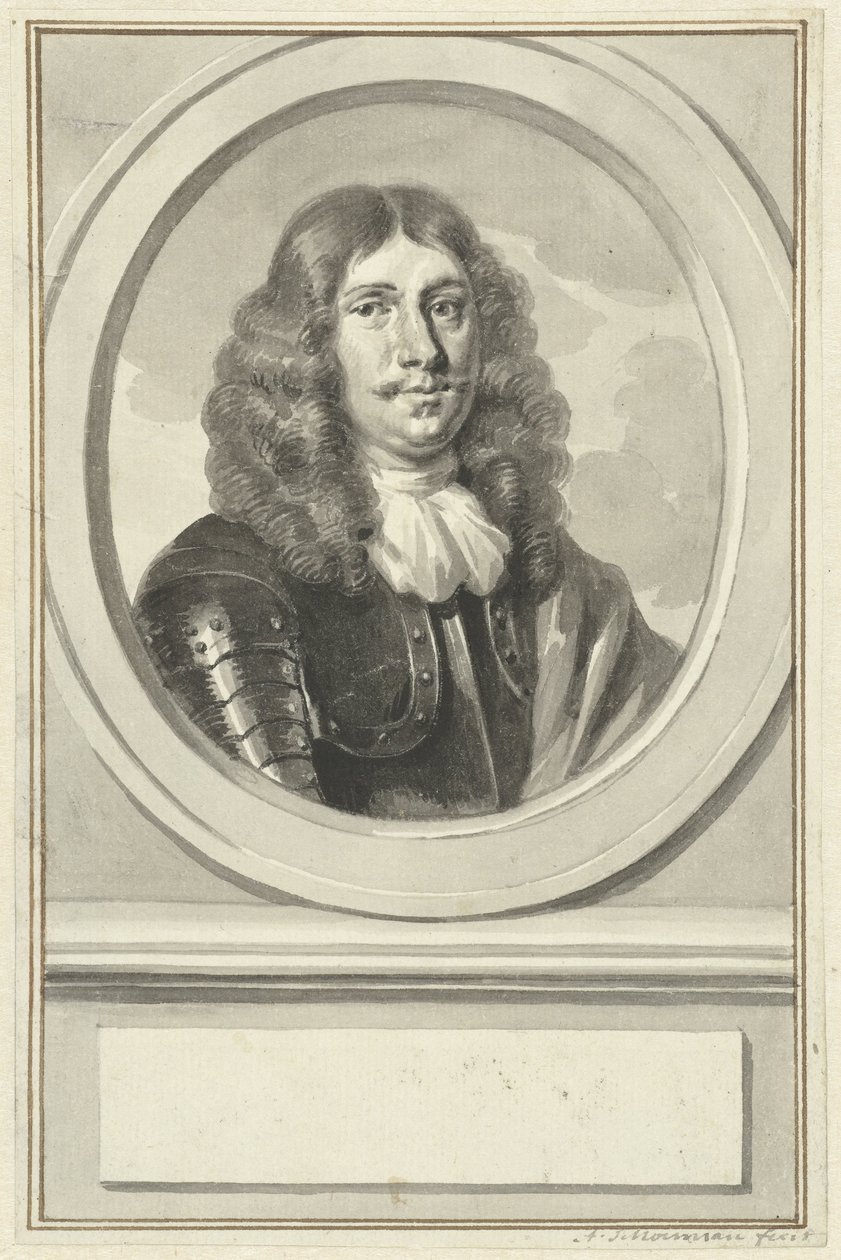 Portret Cornelisa Evertsena w zbroi, w owalu, z prawej autorstwa Aert Schouman