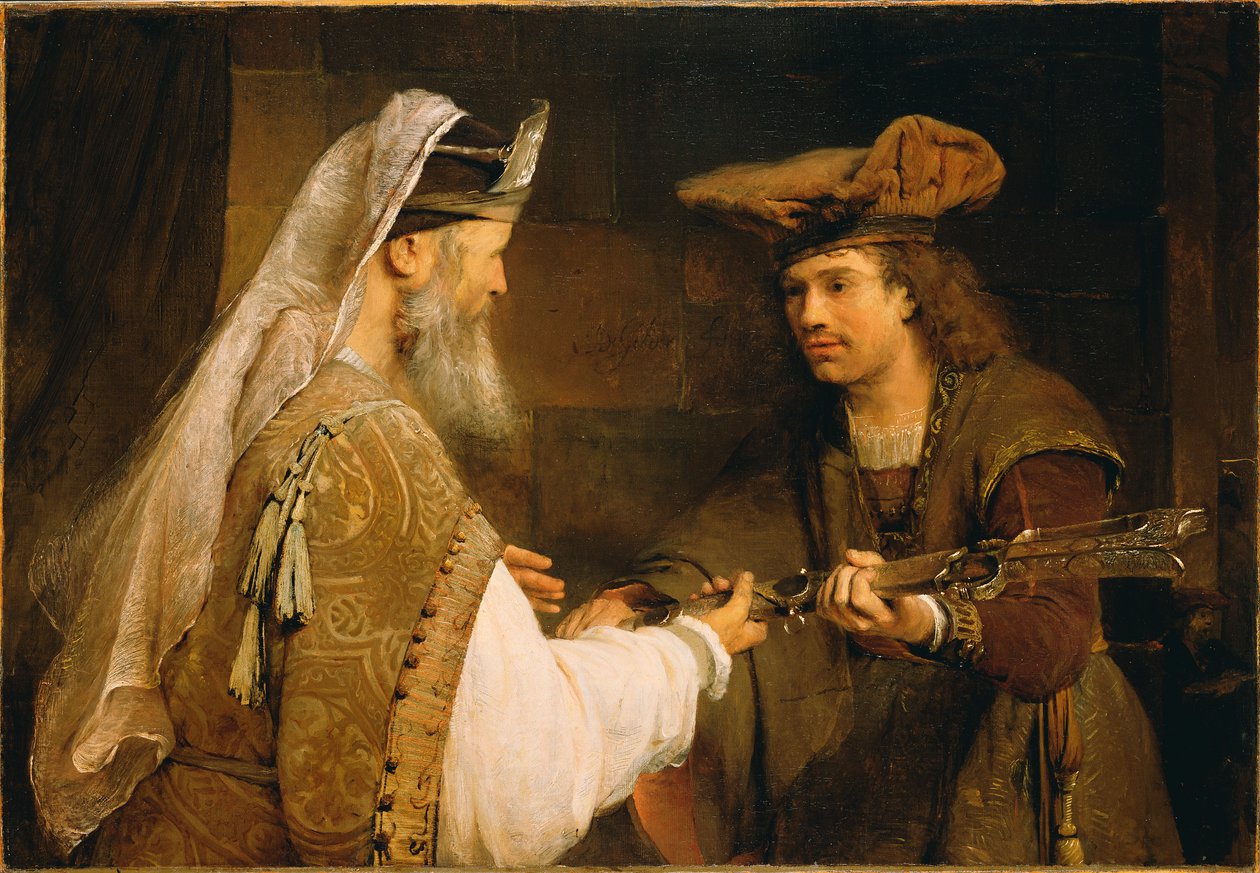 Ahimelech wręcza Dawidowi miecz Goliata, ok. 1680 (olej na płótnie) autorstwa Aernt de Gelder