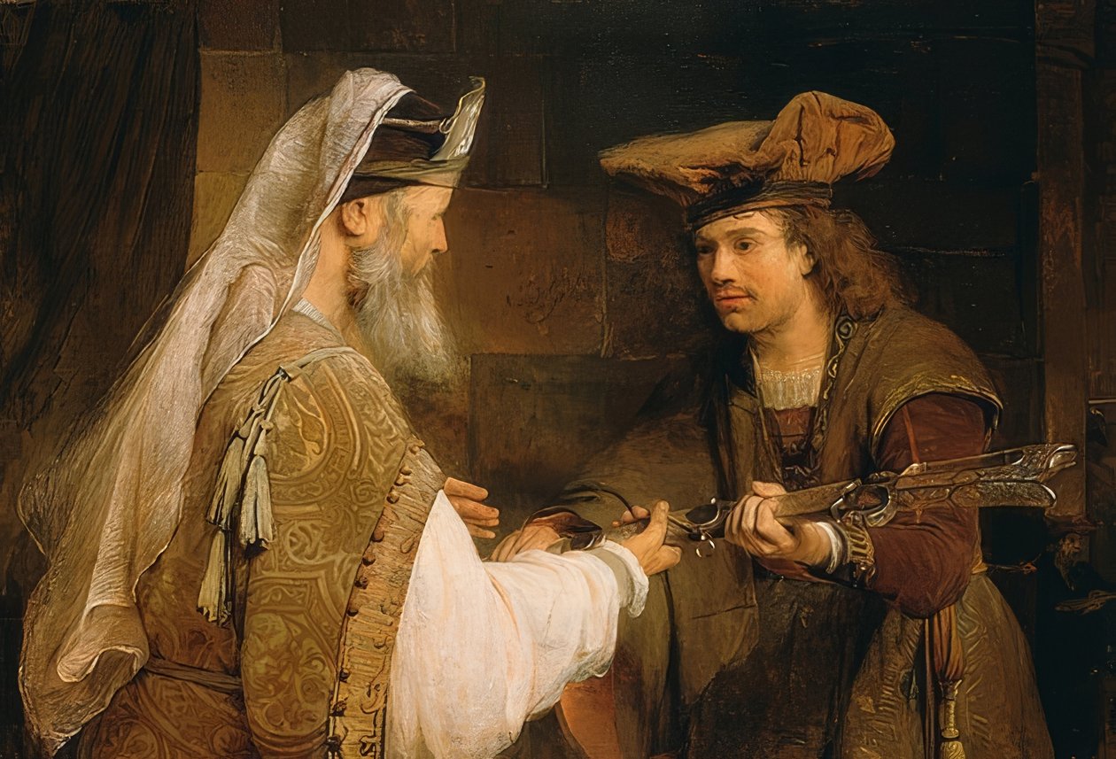 Ahimelech wręcza Dawidowi miecz Goliata. 1680s autorstwa Aernt de Gelder