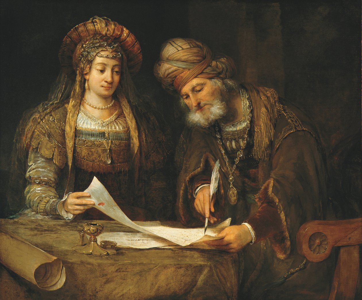 Estera i Mardocheusz piszący pierwszy list z Purim, ok. 1675 (olej na płótnie) autorstwa Aernt de Gelder