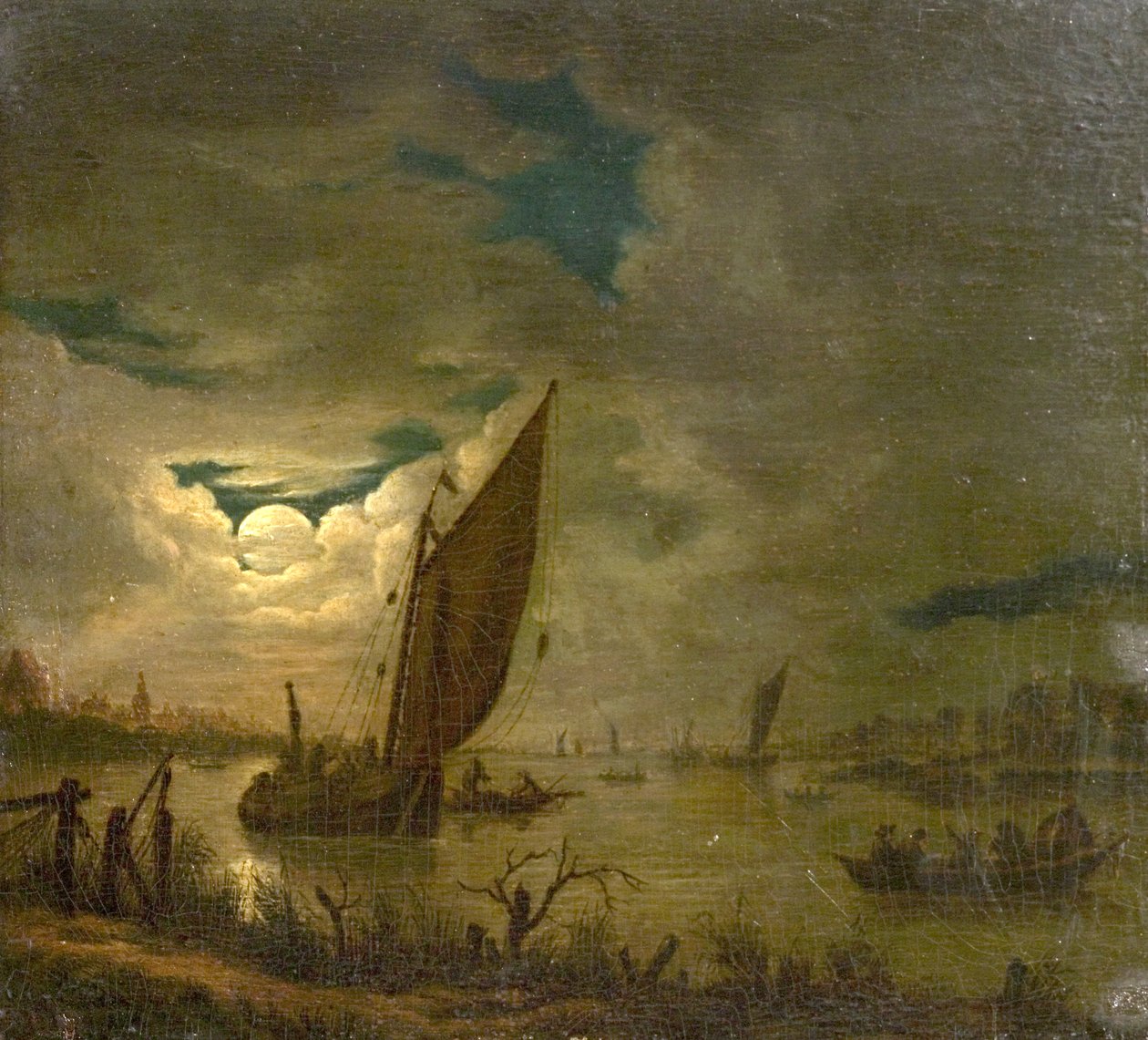 Scena rzeczna z łodziami i figurami (olej na drewnie) autorstwa Aert van der (imitator of) Neer