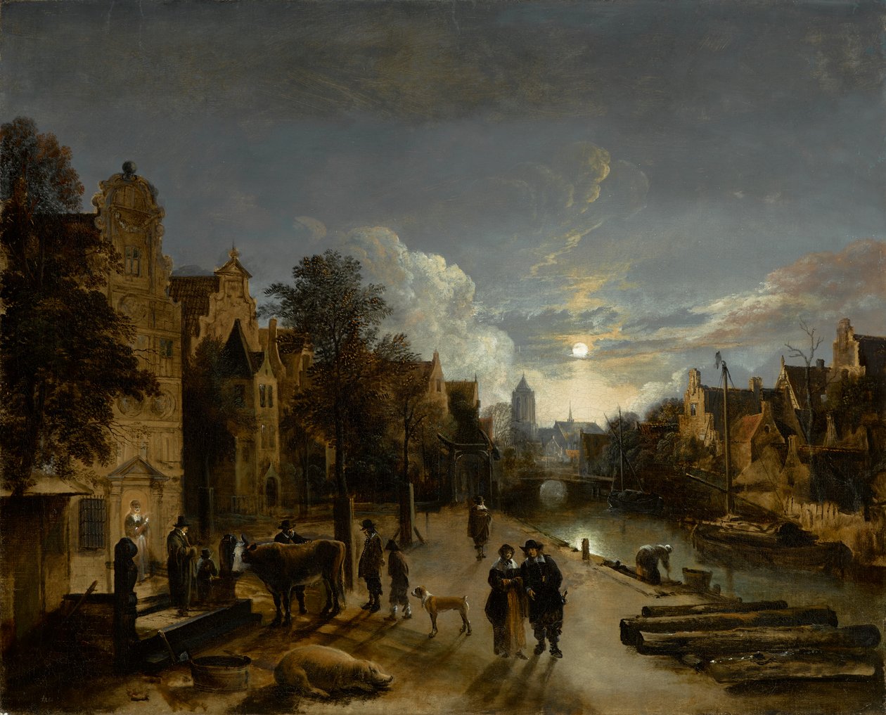 Scena nad kanałem w świetle księżyca, ok. 1660 (olej na płótnie) autorstwa Aert van der Neer