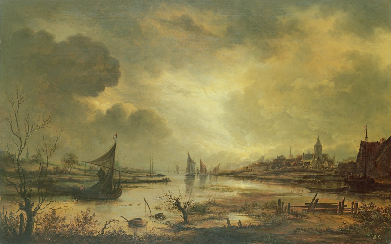 Holenderskie miasto nad rzeką przy Moonlight (olej na panelu) autorstwa Aert van der Neer