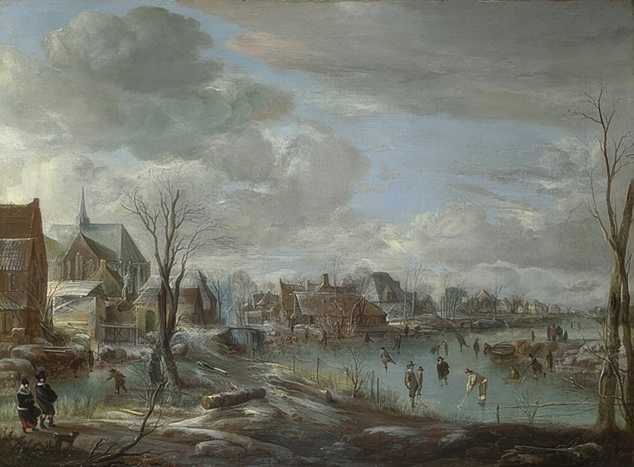 Zamarznięta rzeka w pobliżu miasteczka z golfistami i łyżwiarzami. około 1648 autorstwa Aert van der Neer