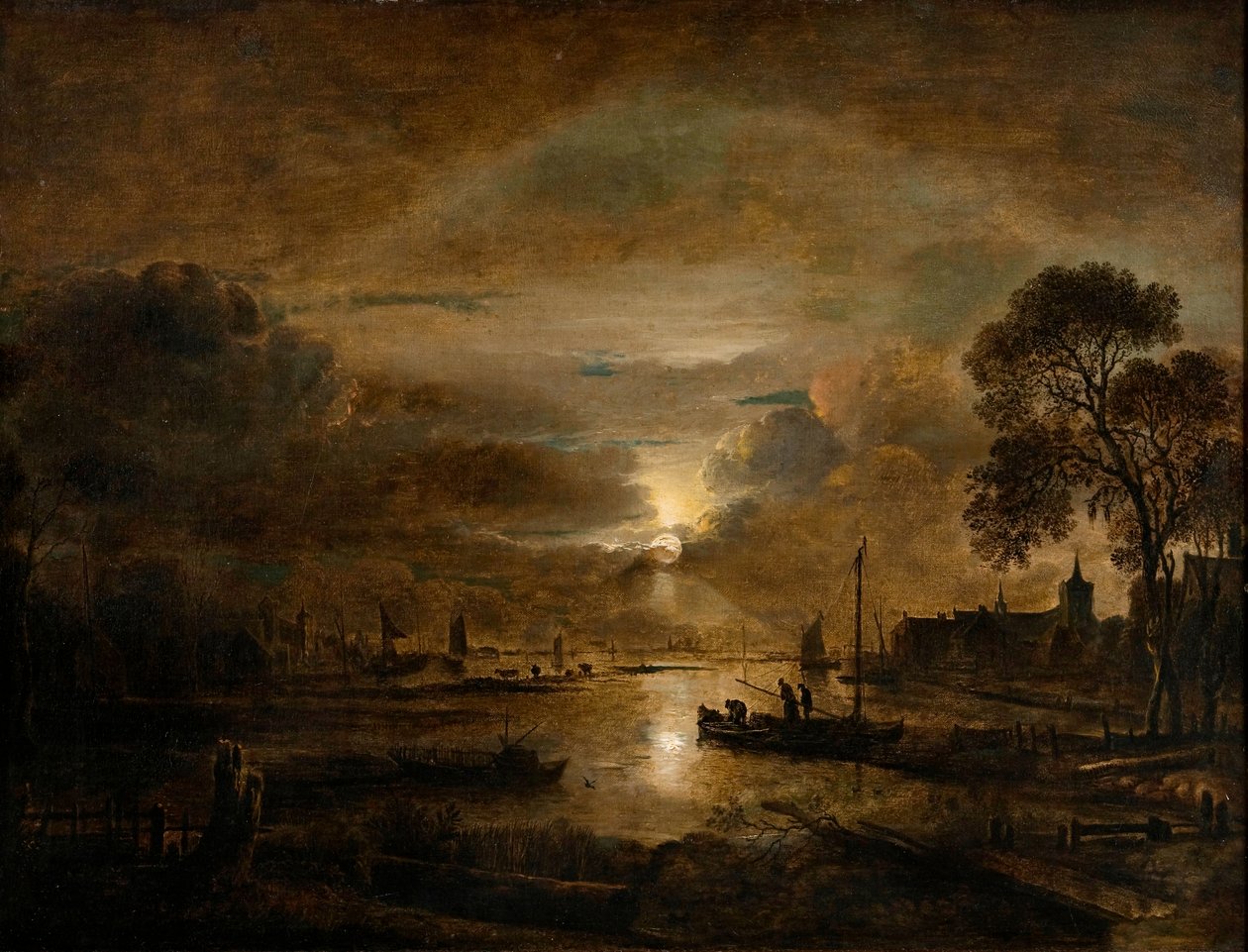 Światło księżyca nad holenderską rzeką, ok. 1650 (olej na płótnie) autorstwa Aert van der Neer
