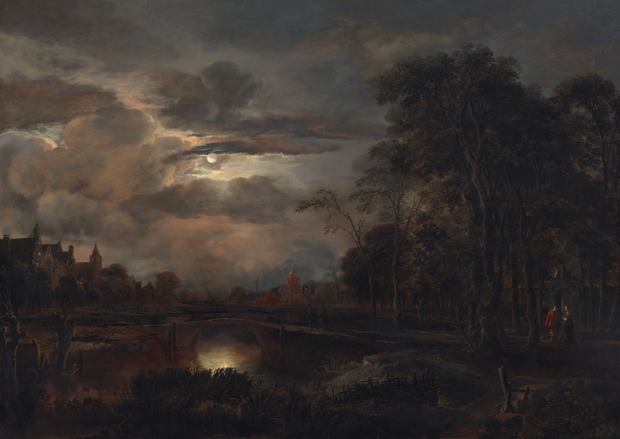 Księżycowy krajobraz z mostem, prawdopodobnie 16481650. autorstwa Aert van der Neer