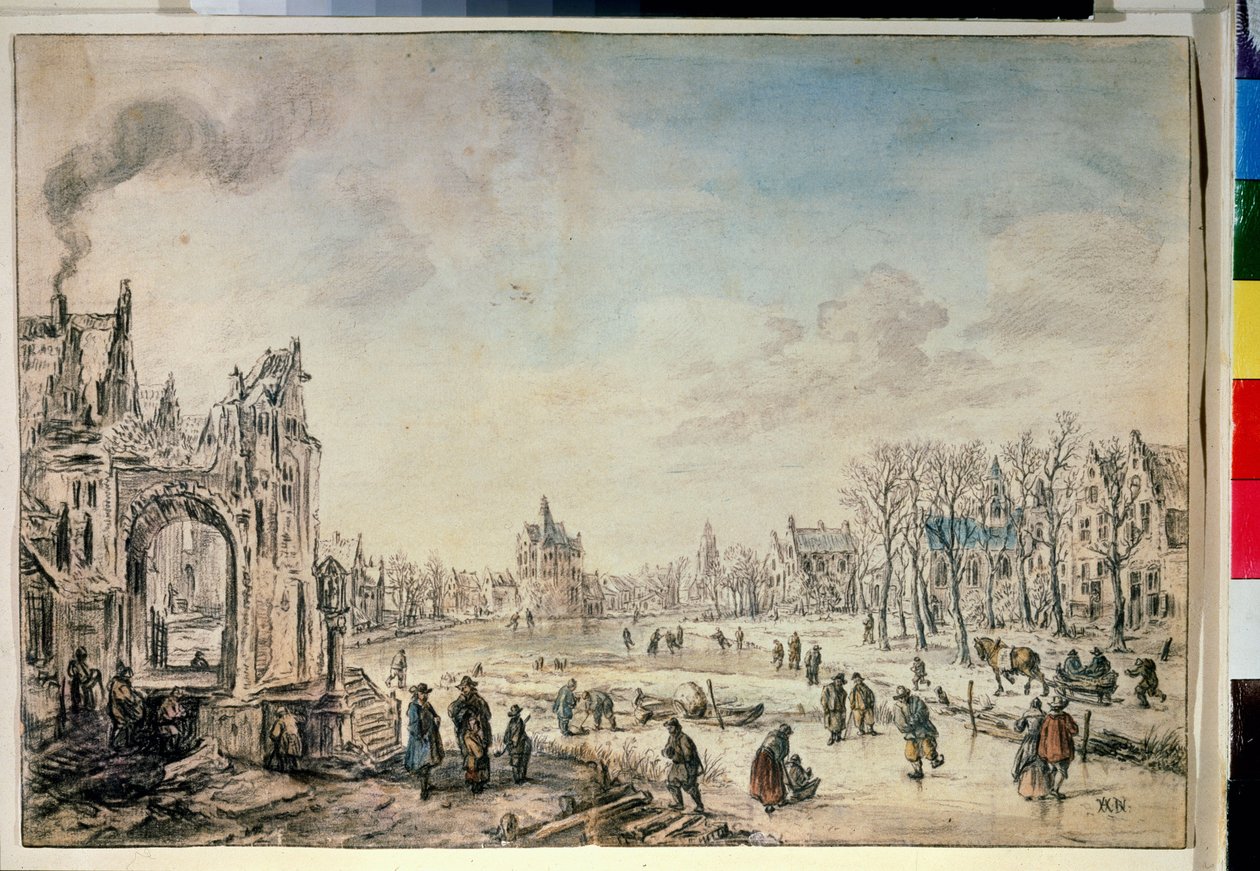 Zimowy krajobraz z łyżwiarzy. Rysunek Aerta Van der Neera (1603-1677) autorstwa Aert van der Neer
