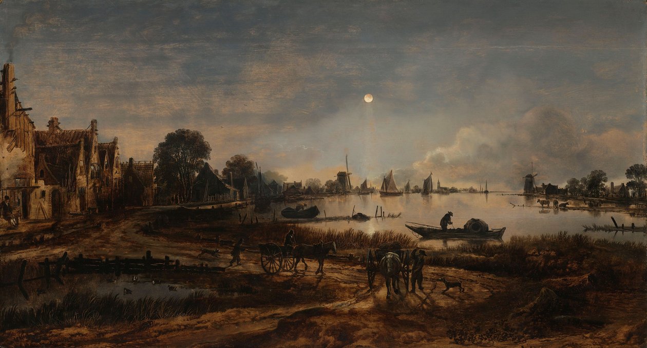 Widok na rzekę przy świetle księżyca, ok. 1640-50 autorstwa Aert van der Neer