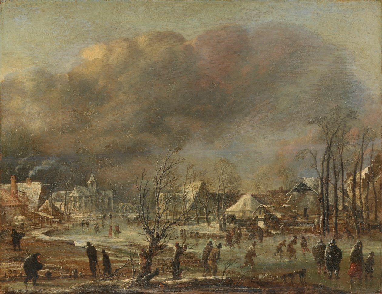 Opady śniegu na wiosce obok zamarzniętego kanału, 1630-77 autorstwa Aert van der Neer