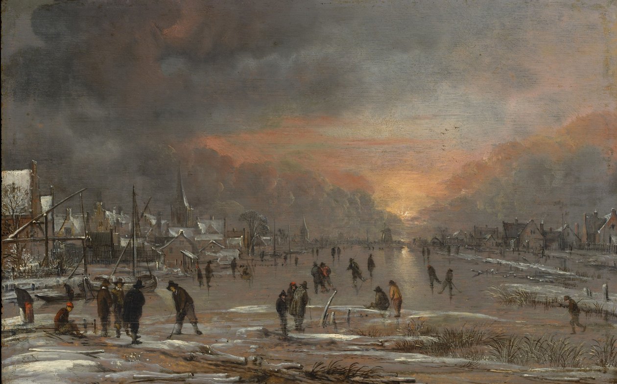 Sport na zamarzniętej rzece, ok. 1660 (olej na drewnie) autorstwa Aert van der Neer