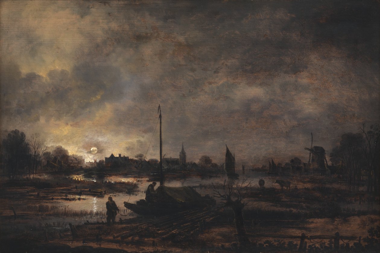 Księżyc wschodzący nad wioską autorstwa Aert van der Neer