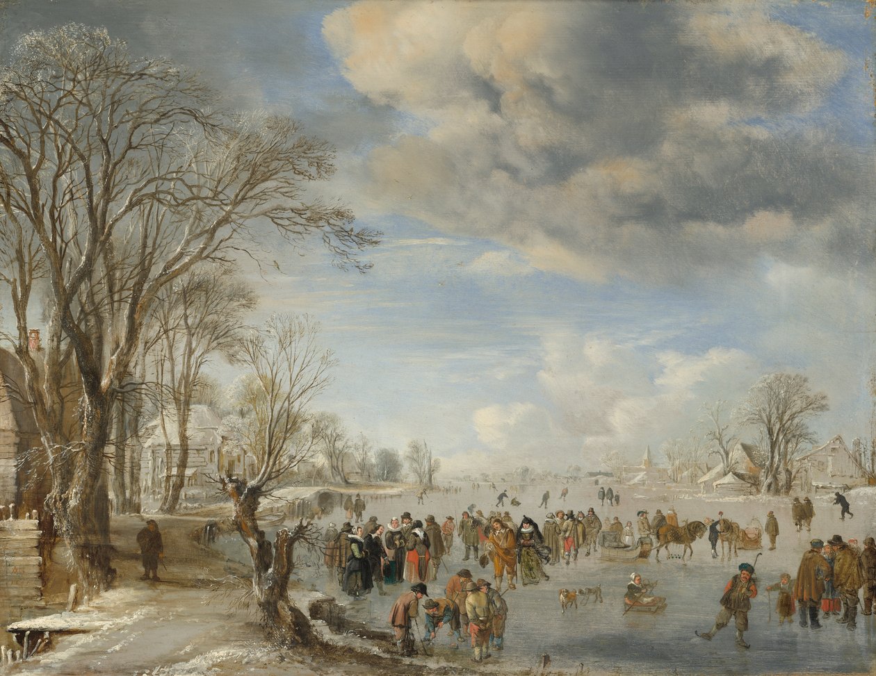 Zima w Holandii, scena łyżwiarska, 1645 autorstwa Aert van der Neer