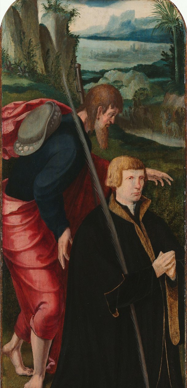 Wskrzeszenie Łazarza Wewnętrzne lewe skrzydło tryptyku z męskim darczyńcą i św. Jakubem Większym autorstwa Aertgen Claesz van Leyden (attributed to)