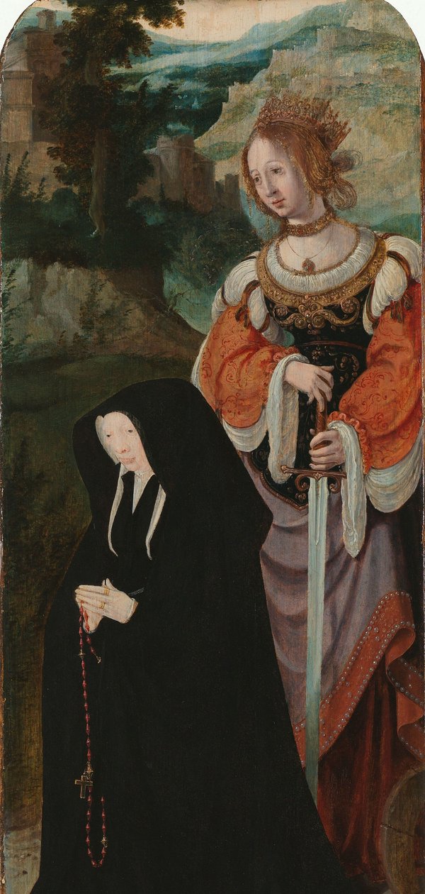 Wskrzeszenie Łazarza Prawe skrzydło wewnętrzne tryptyku z darczyńcą i św. Katarzyną autorstwa Aertgen Claesz van Leyden (attributed to)