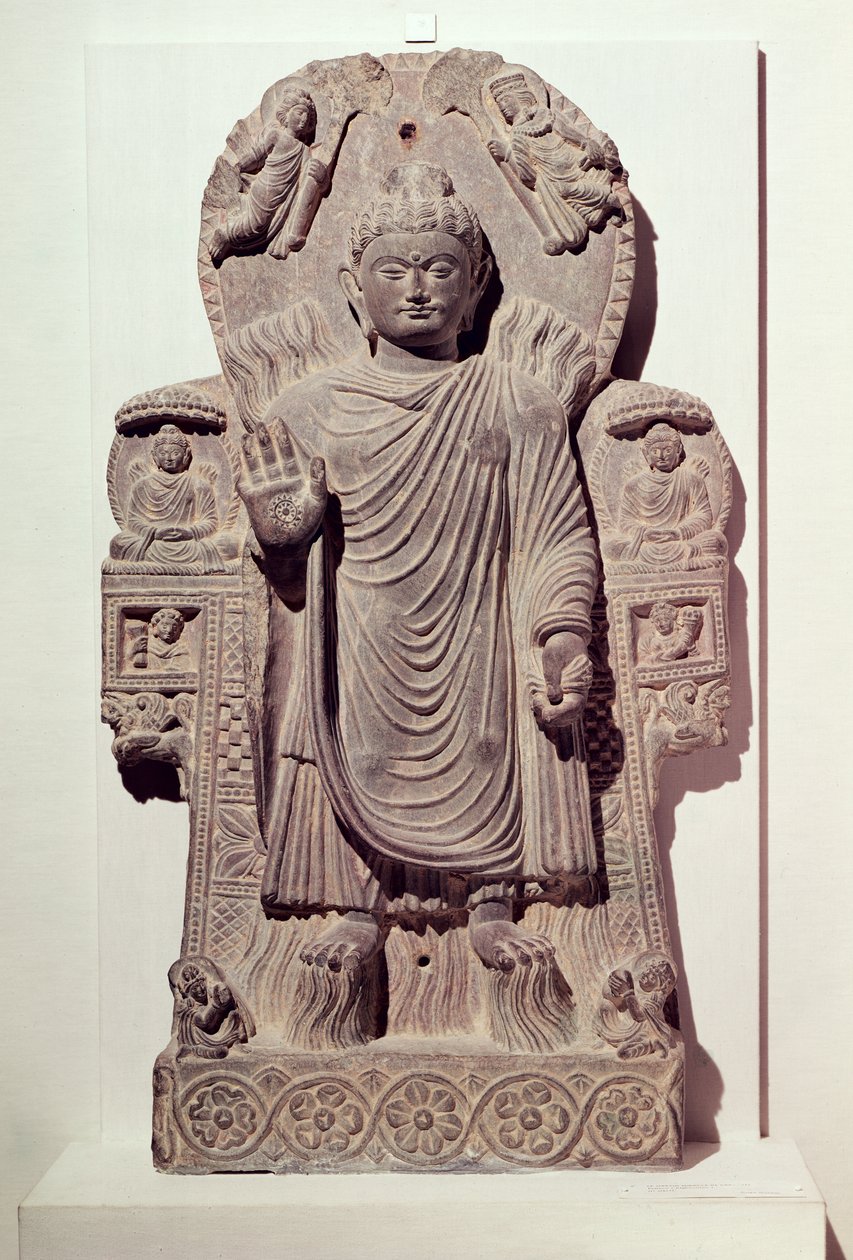 Budda Wielkiego Cudu lub Cud w Sravasti, z klasztoru Paitava, szkoła Kapisa, III-IV w. (łupek) autorstwa Afghan School