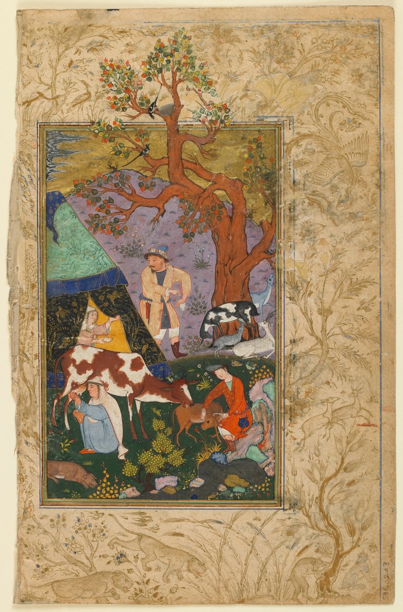 Folio z Dywanu (wiersze zebrane) Awhadiego; verso: An Encampment, Herat, Afganistan, 1615-16 (nieprzezroczysta akwarela, tusz i złoto na papierze) autorstwa Afghan School