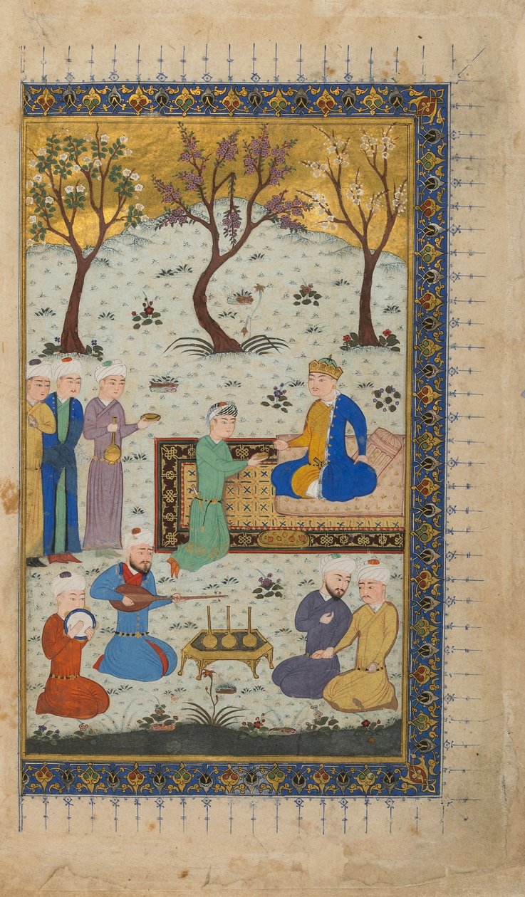 Folio z niezidentyfikowanego tekstu; verso: Książę na tronie otoczony przez Attendants, Herat, Afganistan, ok. 1425-30 (nieprzezroczysta akwarela, atrament i złoto na papierze) autorstwa Afghan School