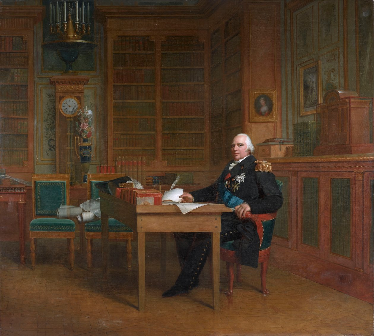 Król Ludwik XVIII rozmyślający nad Kartą, siedzący przy swoim biurku w Pałacu Tuileries autorstwa After François Gérard