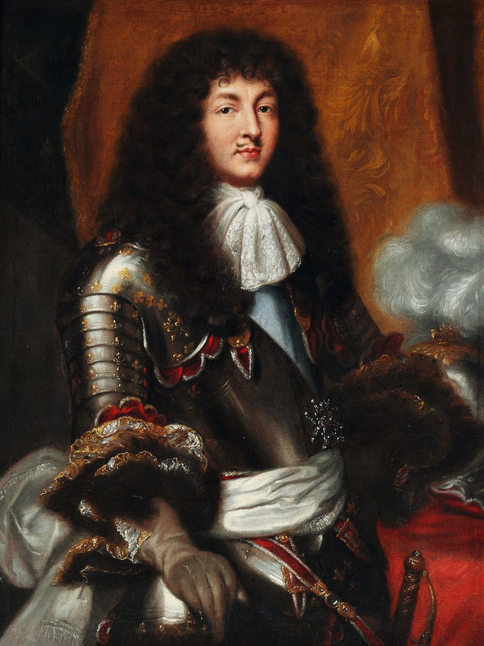 Ludwik XIV w ciemnej peruce z pełnym dekoltem i w zbroi autorstwa Pierre Mignard
