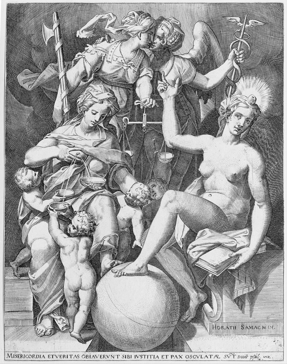 Alegoria Psalmu Dawida, Misericordia siedząca po lewej karmiąca czworo dzieci..., 1579. autorstwa After Agostino Carracci.