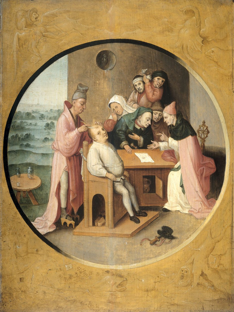 Usuwanie skał w głowie, ok. 1550-1600 autorstwa After Hieronymus Bosch