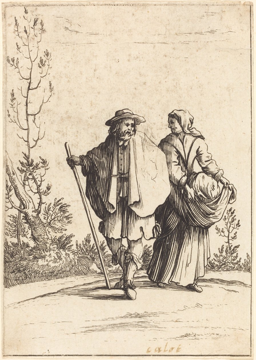 Para żebraków z krajobrazem w tle autorstwa After Jacques Callot